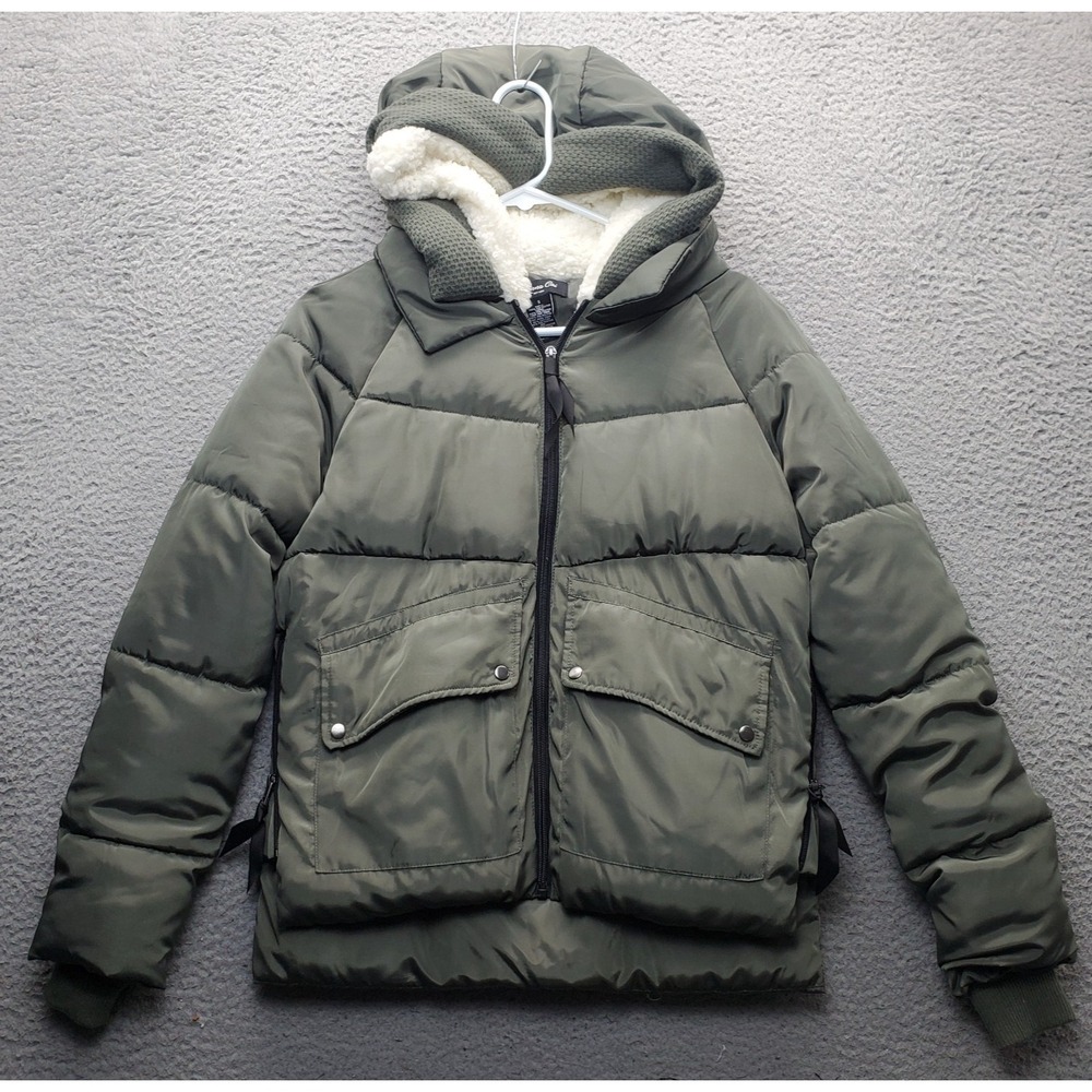 Anna Cai Puffer Jacket Womens Small Green Sherpa Lined Hooded Full Zip CD1814FR